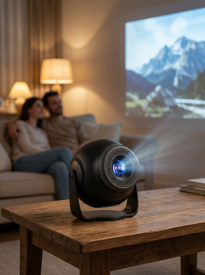 Android Mini Home Projector - 720p HD LED, Wi-Fi Screen Mirroring, 200" Display (UK Plug)