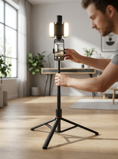 Floor-Standing Selfie Stick & Tripod with LED Fill Light - Extendable Live-Stream Stand