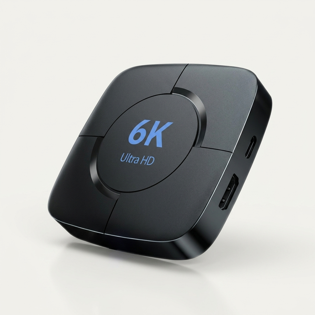 Android TV box supplied with an infrared remote and UK 3-pin plug