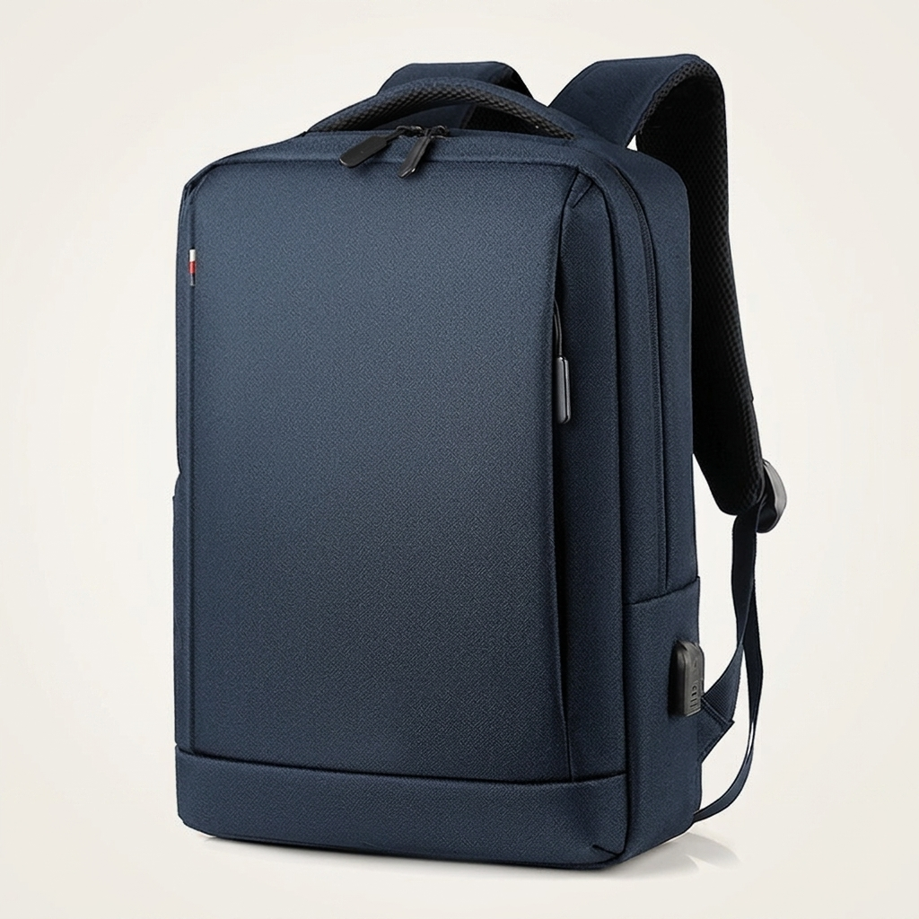 Laptop rucksack with luggage trolley strap that slides over a suitcase handle