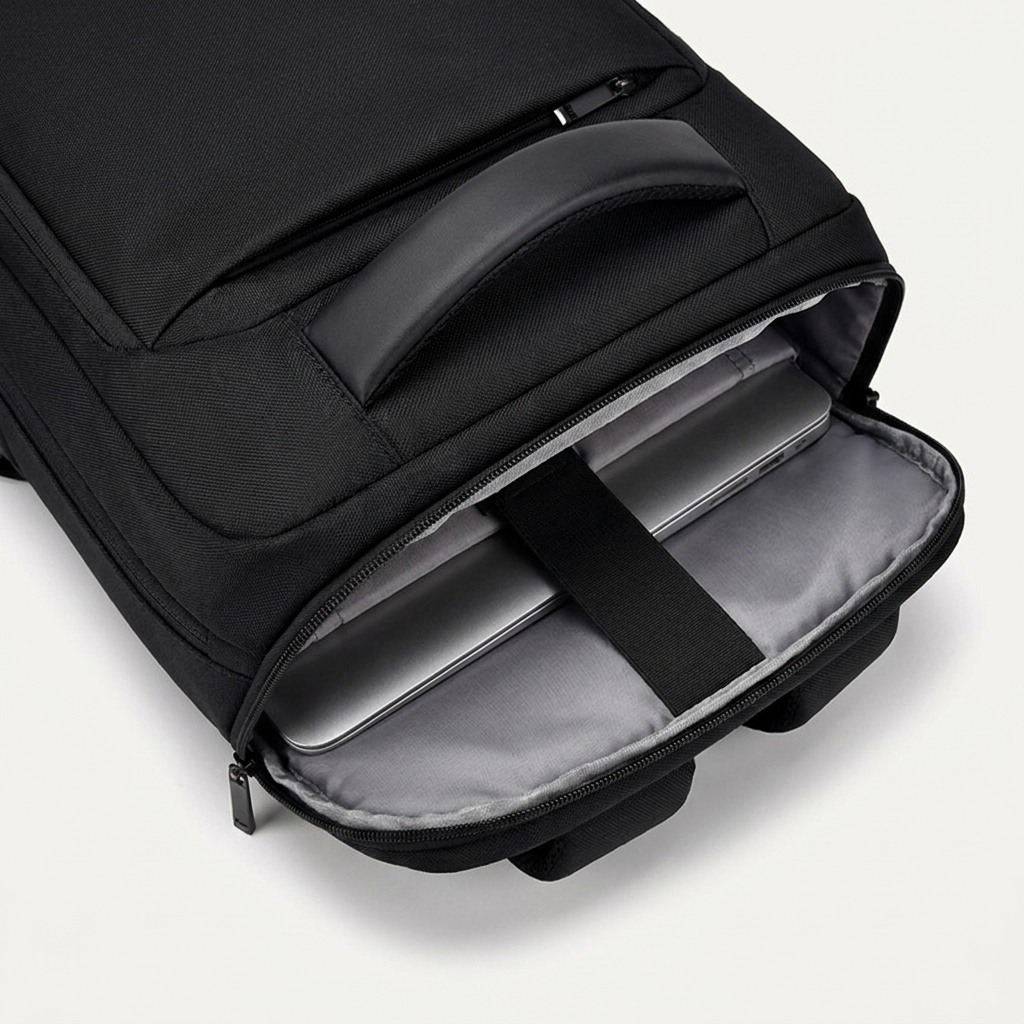 Commuter backpack with curved breathable shoulder straps to spread the load