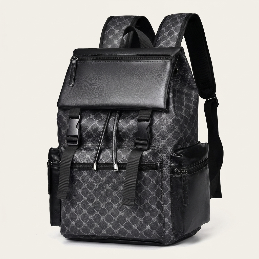 0.64 kg black backpack, 27 x 15 x 39 cm, with drawstring or zip top