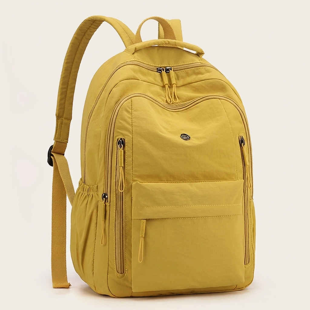 Waterproof nylon rucksack resisting rain and everyday spills