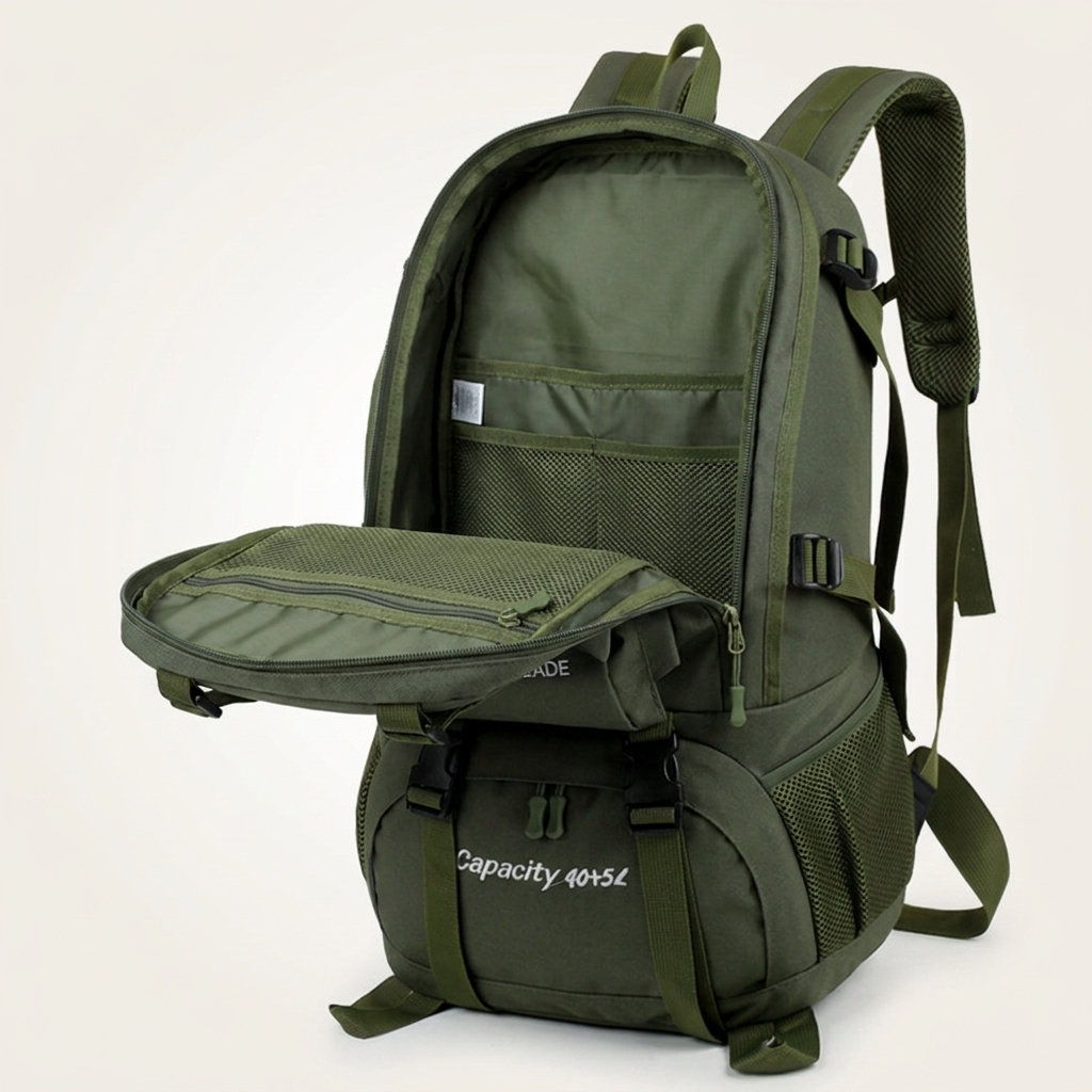 Multiple pockets and securing buckles for organising hiking kit