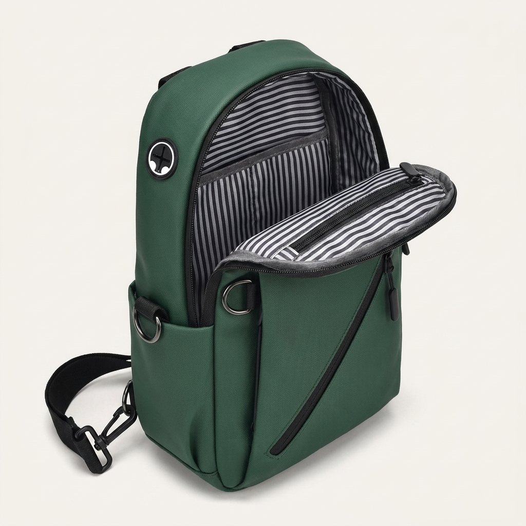 Adjustable sling strap worn across the chest or over the back