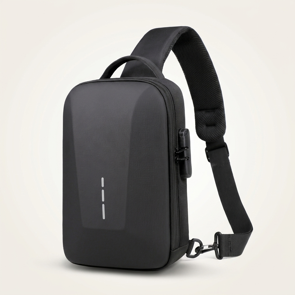 Spliced panel stitching on a low-bulk sling, in black, grey or blue