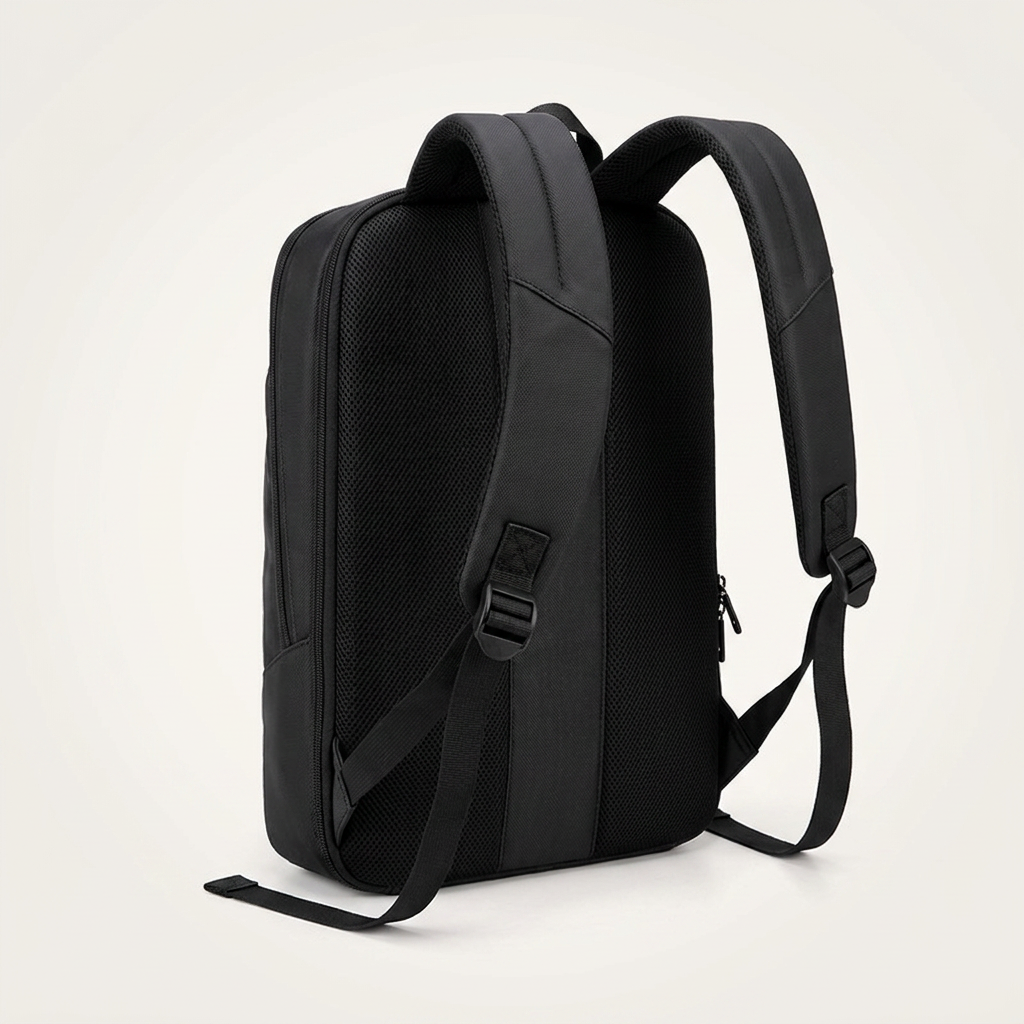 Backpack with curved ergonomic straps and a spliced-panel finish