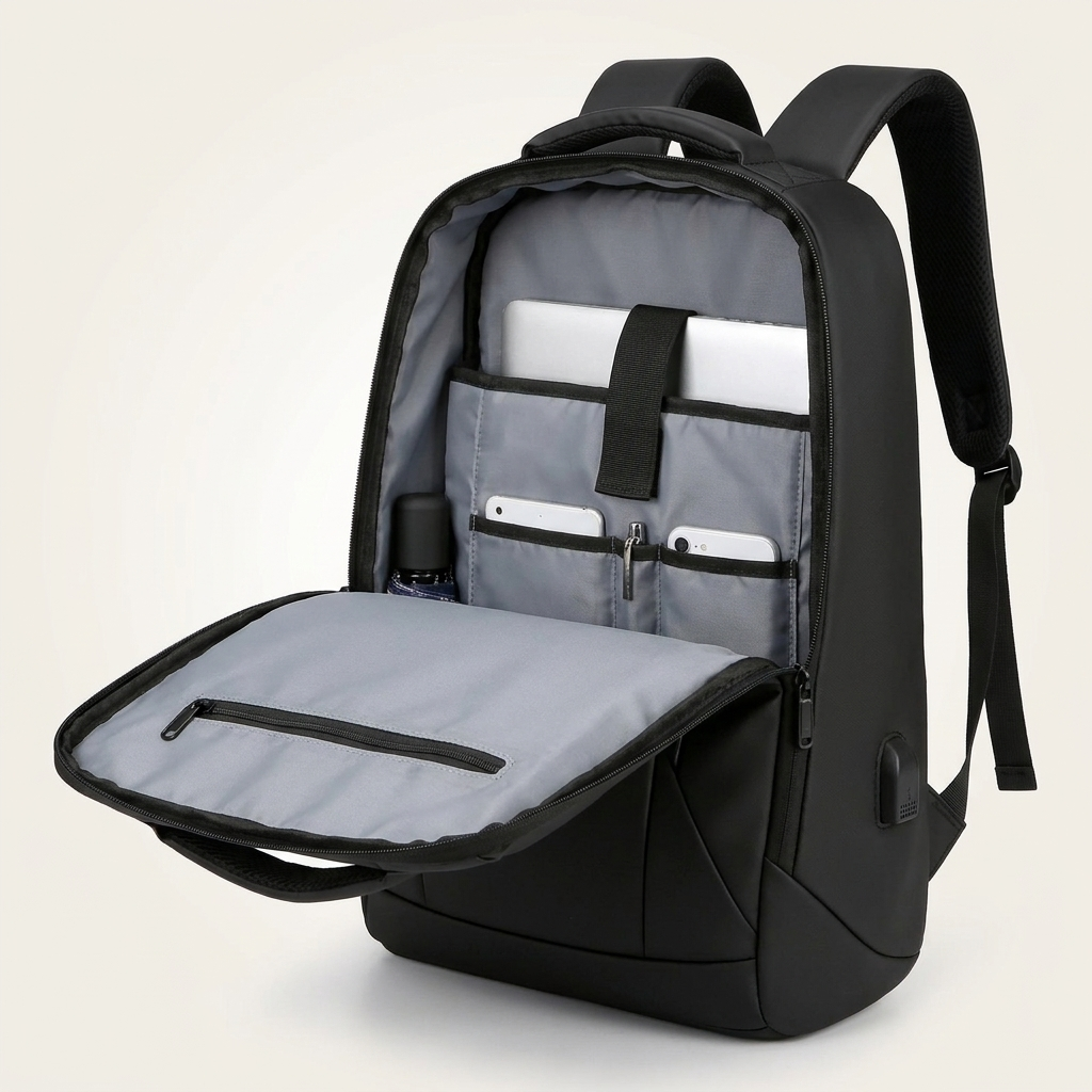 Solid black rucksack measuring 32 x 12 x 47 cm and weighing 1.2 kg