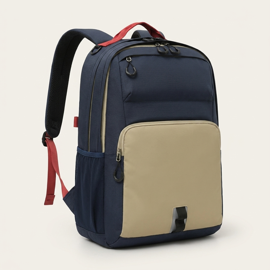 Contrast-panel rucksack measuring 34 x 20 x 48.5 cm, in two colourways
