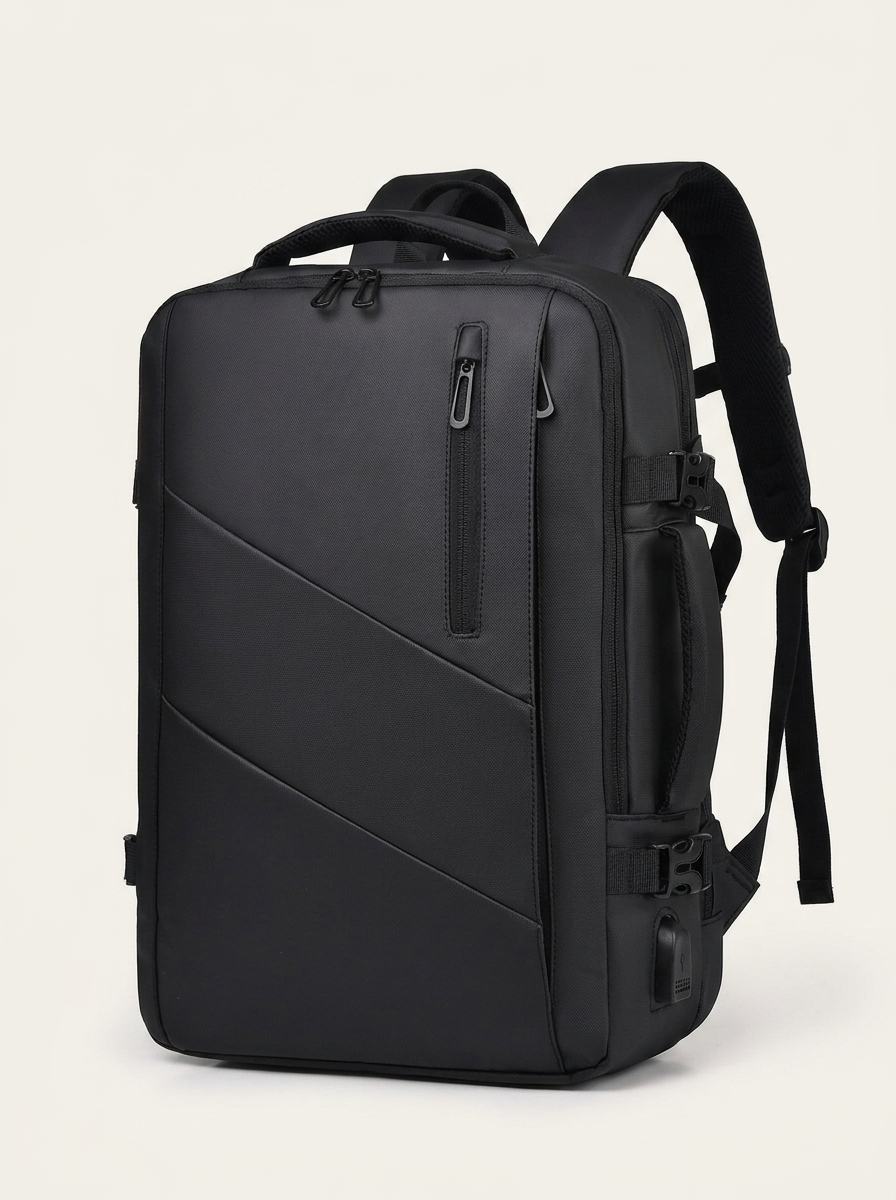 Urban travel rucksack with spliced panelling, in Black and Grey