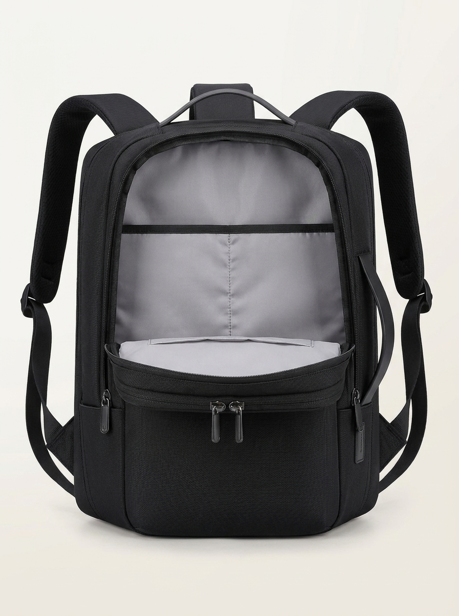 Breathable padded back panel and curved straps in a solid-black design