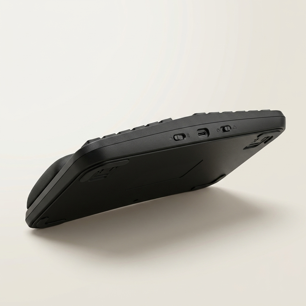 Rechargeable spill-resistant keyboard with angled key clusters for natural typing