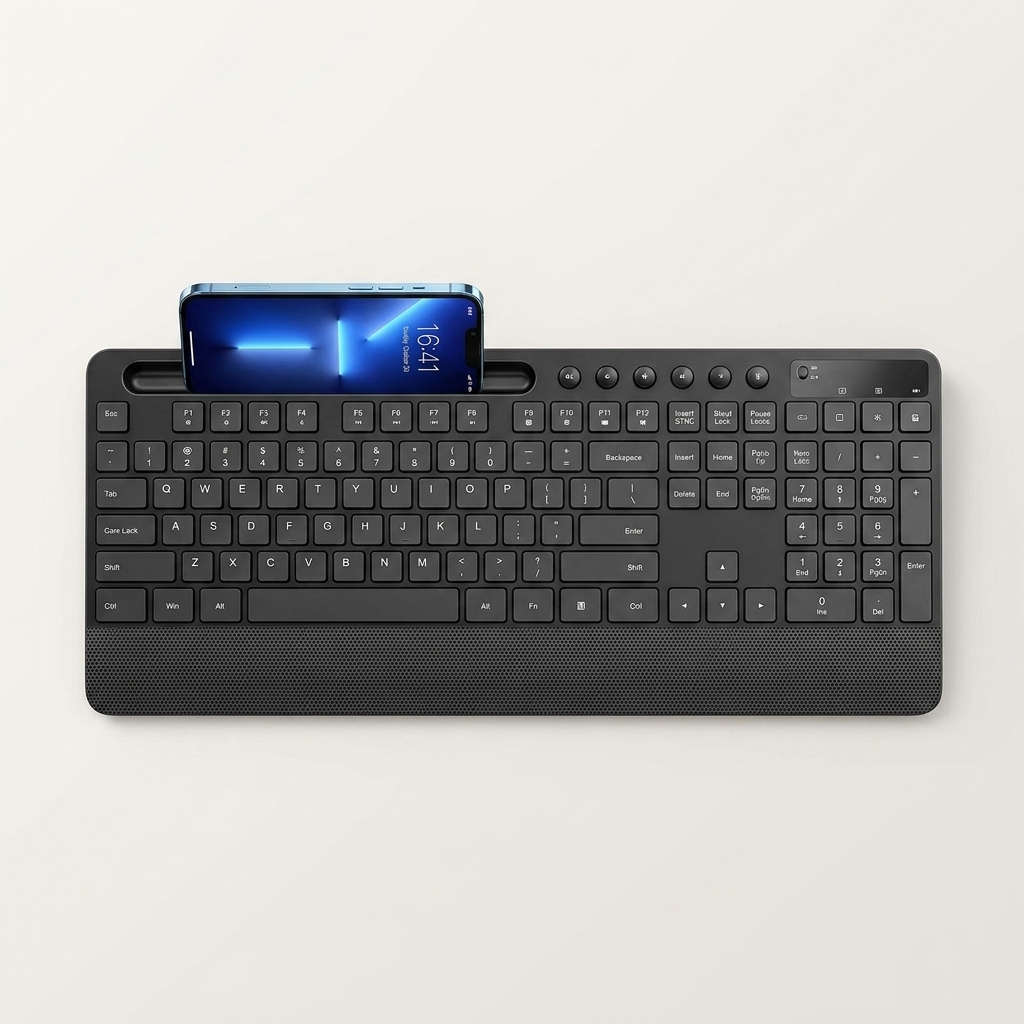 Full-size ergonomic keyboard with quiet, comfortable keystrokes