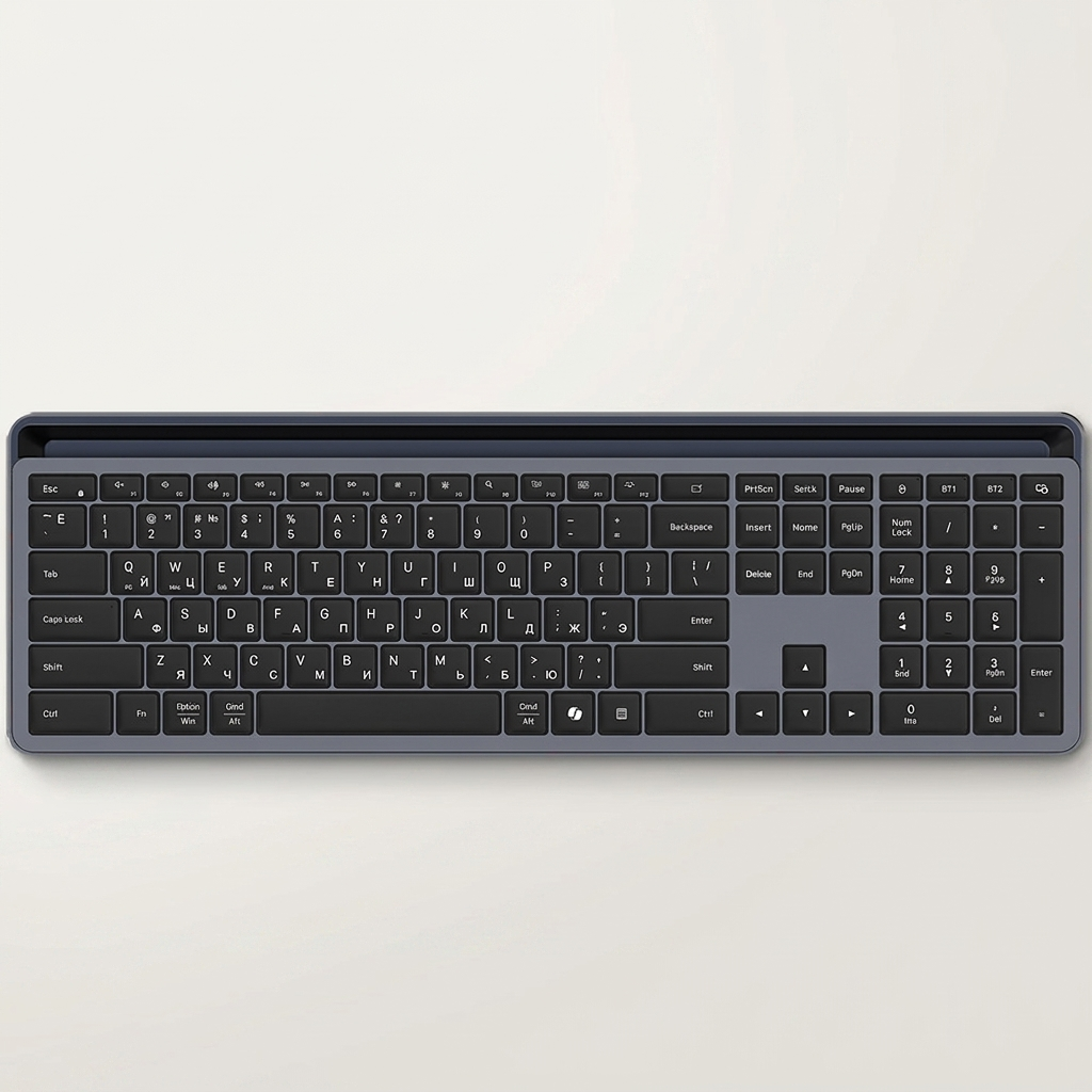 Full 108-key layout with number pad and dual Mac and Windows labelling