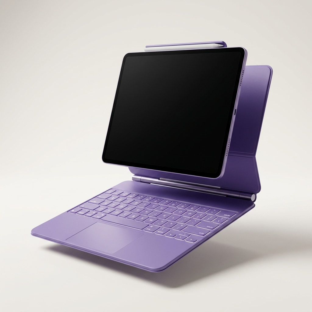 Cantilever hinge holding the iPad at an adjustable viewing angle