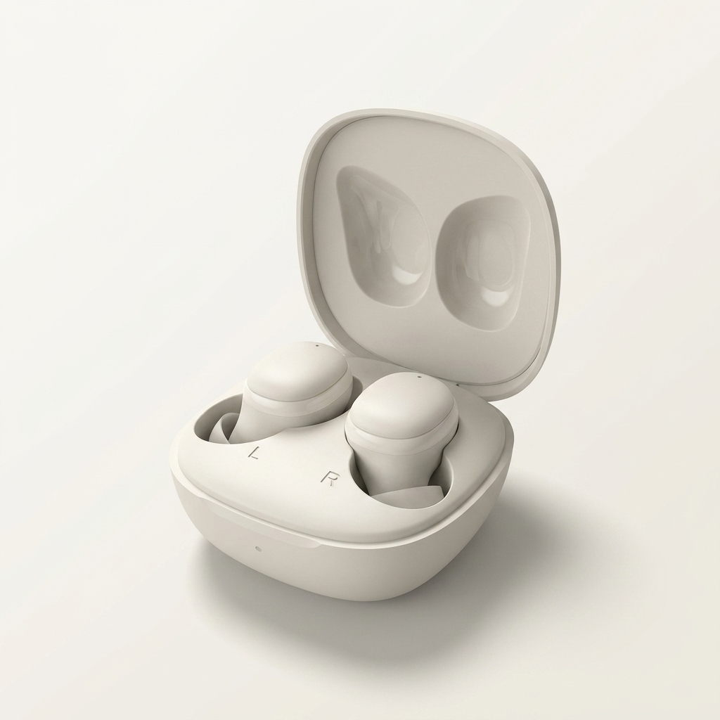 Pebble-sized charging case with a soft breathing light