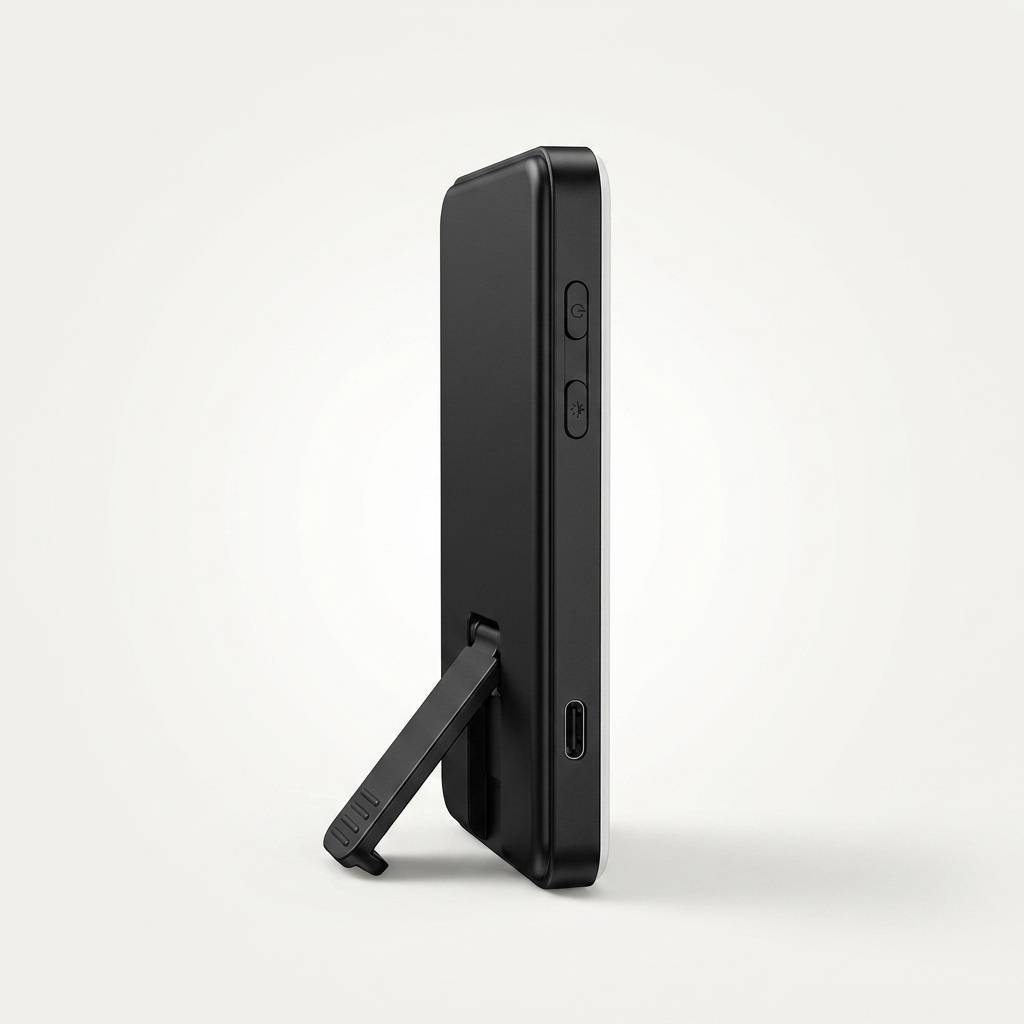 Fold-out stand letting the light prop up beside your device