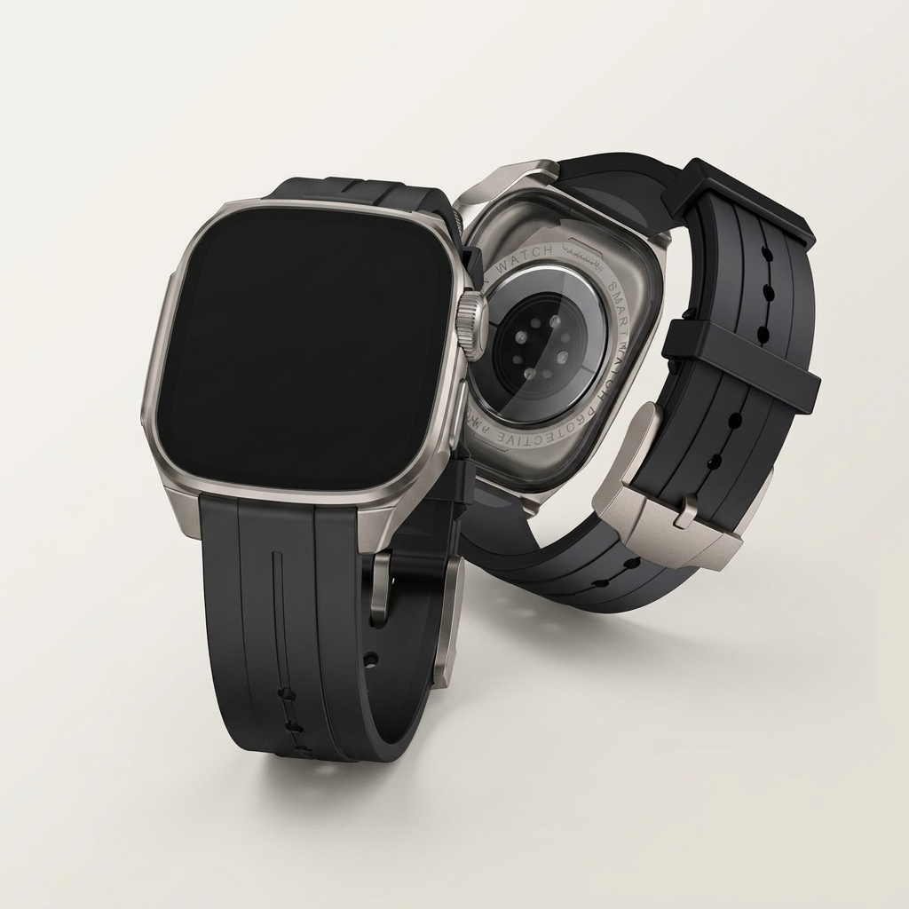 Scale-bezel watch case and strap offered in five frame-and-face finishes