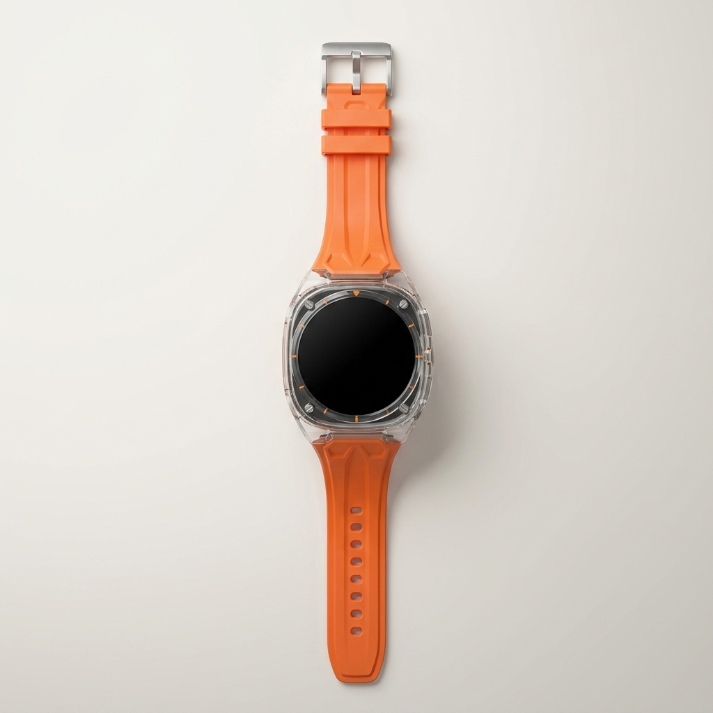 Transparent racing-style bezel frame with technical exposed-screw detailing
