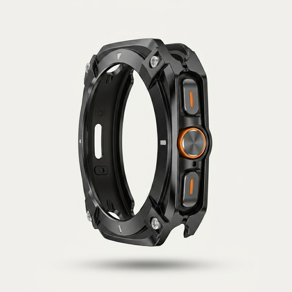 CNC-finished bezel gives the watch a cyber, exposed-screw mechanical look