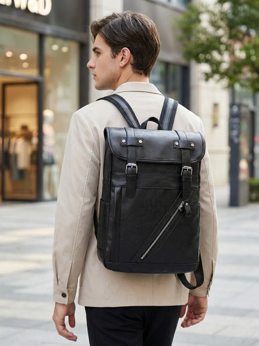 Slim PU laptop backpack with a padded sleeve for laptops up to 16 inches