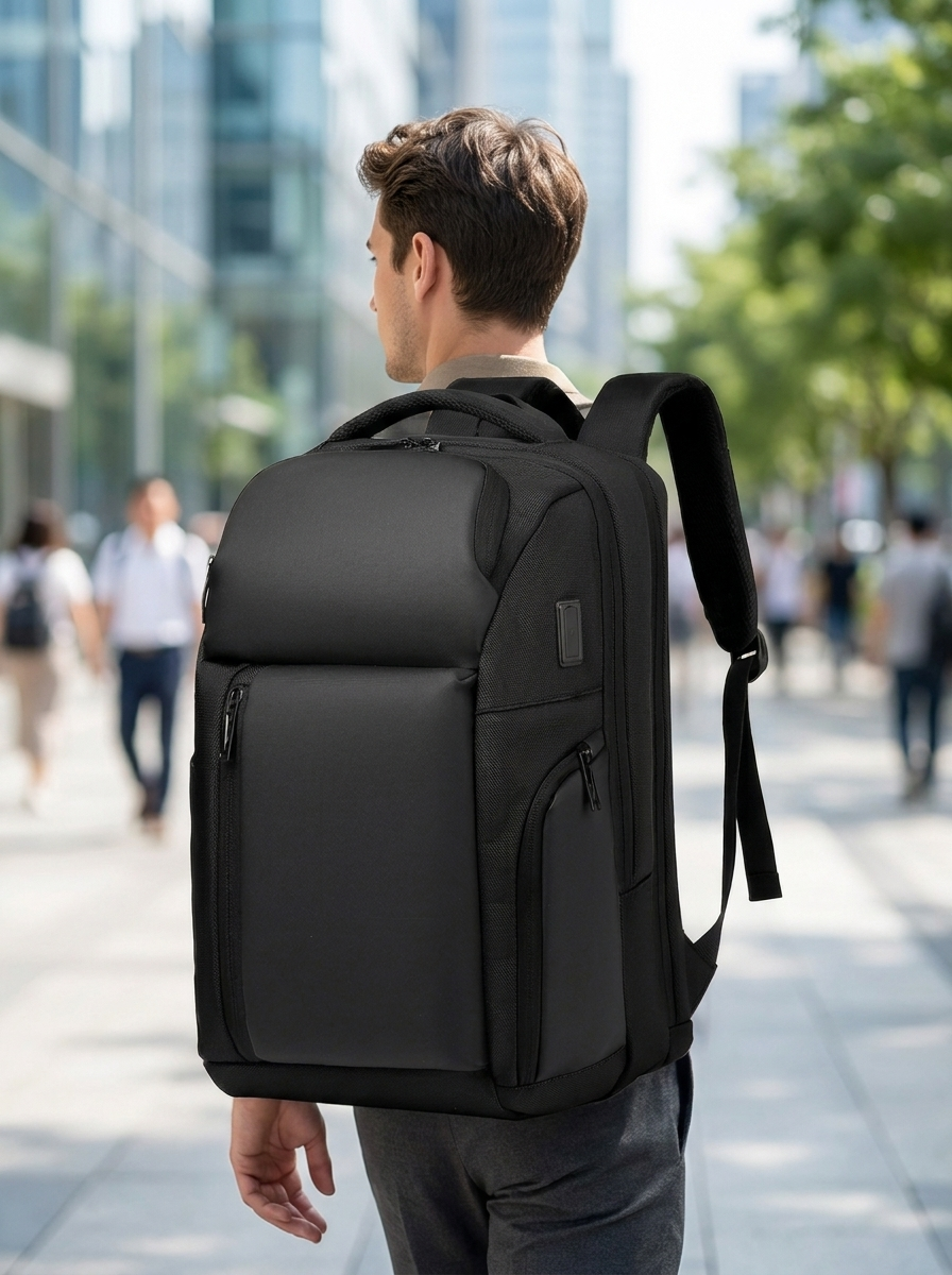 Commuter and travel backpack in water-resistant polyester with PU-leather trim