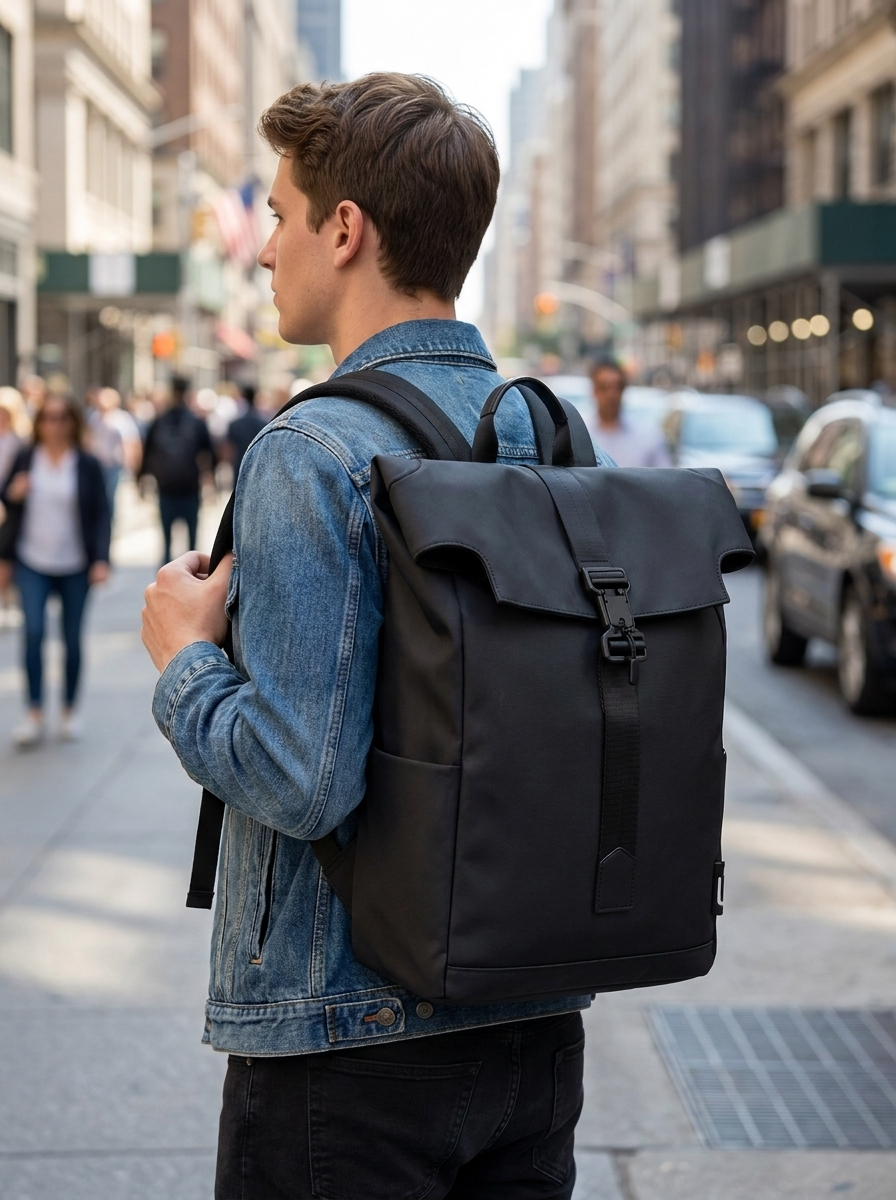 Casual travel backpack with magnetic flip-buckle front flap for quick access