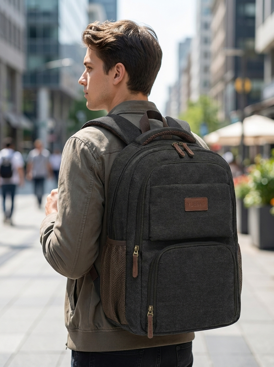 Canvas commuter backpack with a hidden anti-theft pocket against your back