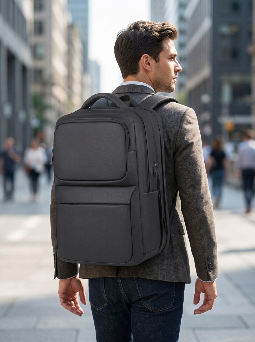 Commuter laptop backpack with built-in side USB charging port