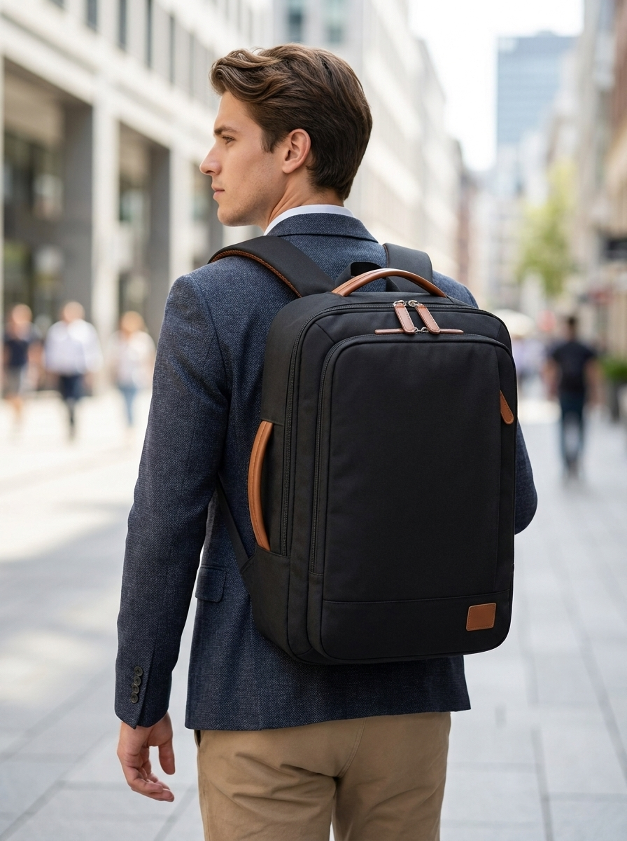 Expandable travel laptop backpack in wipe-clean water-resistant Oxford cloth