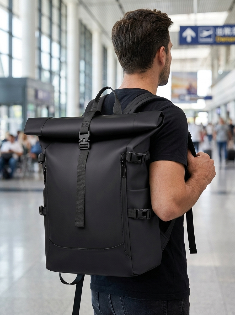Expandable travel backpack with water-resistant Oxford shell and room to grow