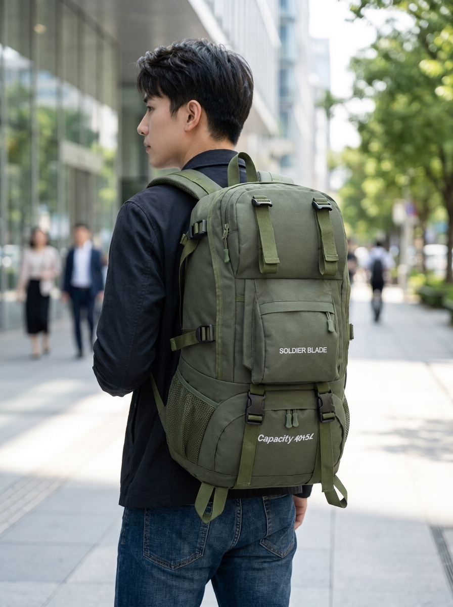 Outdoor rucksack with a main compartment expanding from 36 to 55 litres