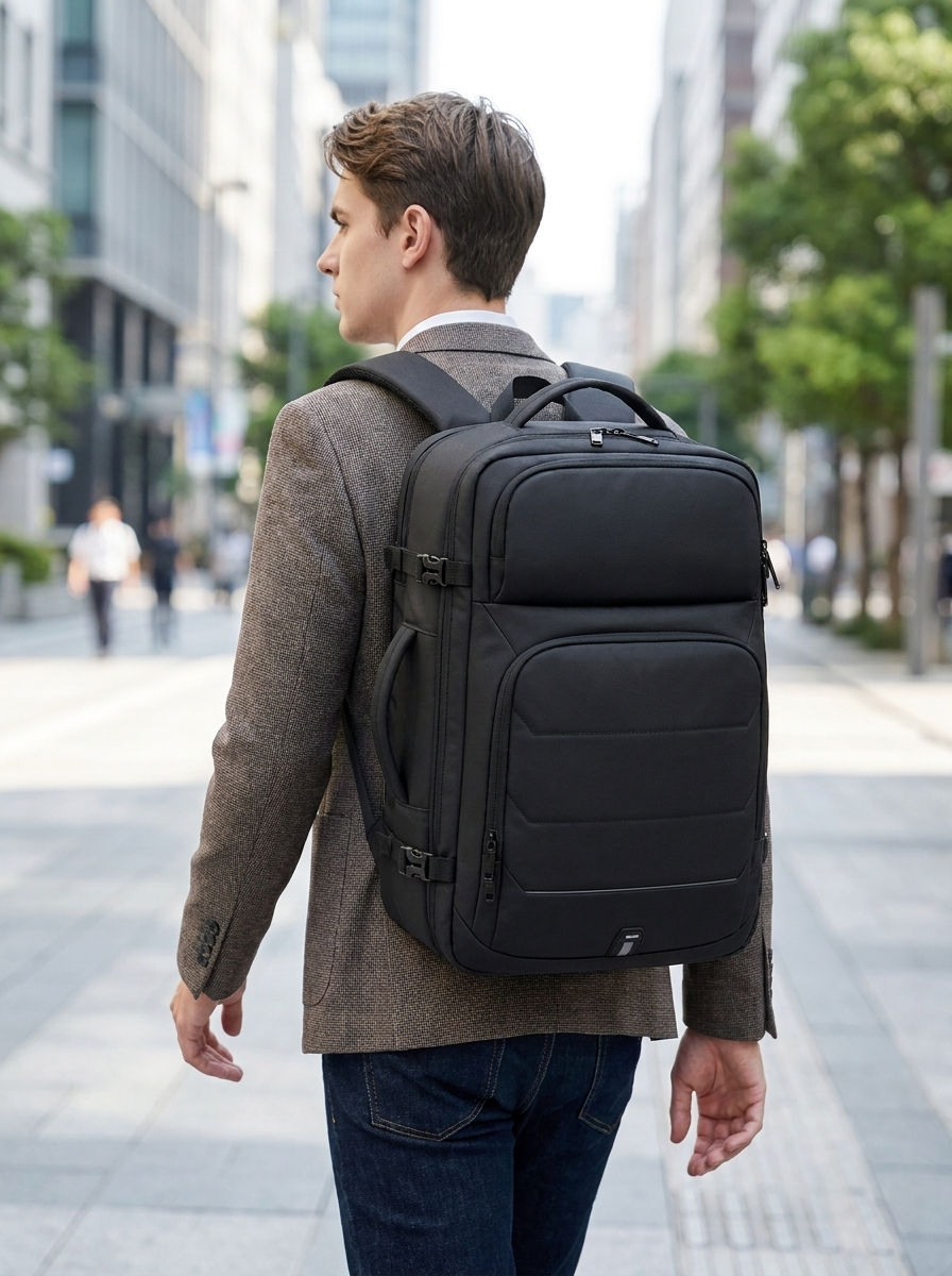 Large-capacity commuter backpack with water-resistant PU shell for work and travel