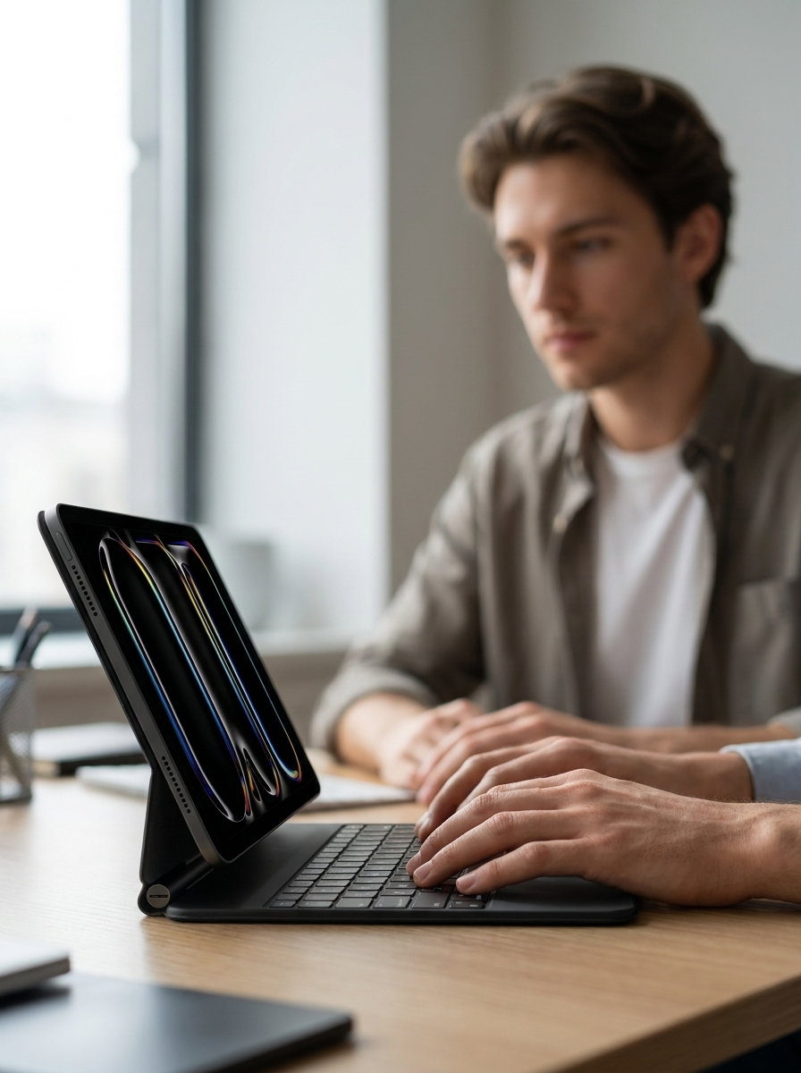 Magnetic floating keyboard case turning an 11-inch iPad into a laptop