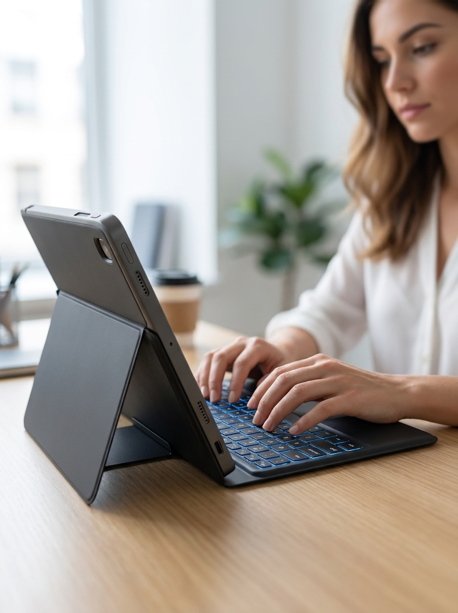 Backlit Bluetooth keyboard folio turning a Galaxy tablet into a compact laptop