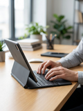 Magnetic floating Magic Keyboard case turning an iPad into a workstation