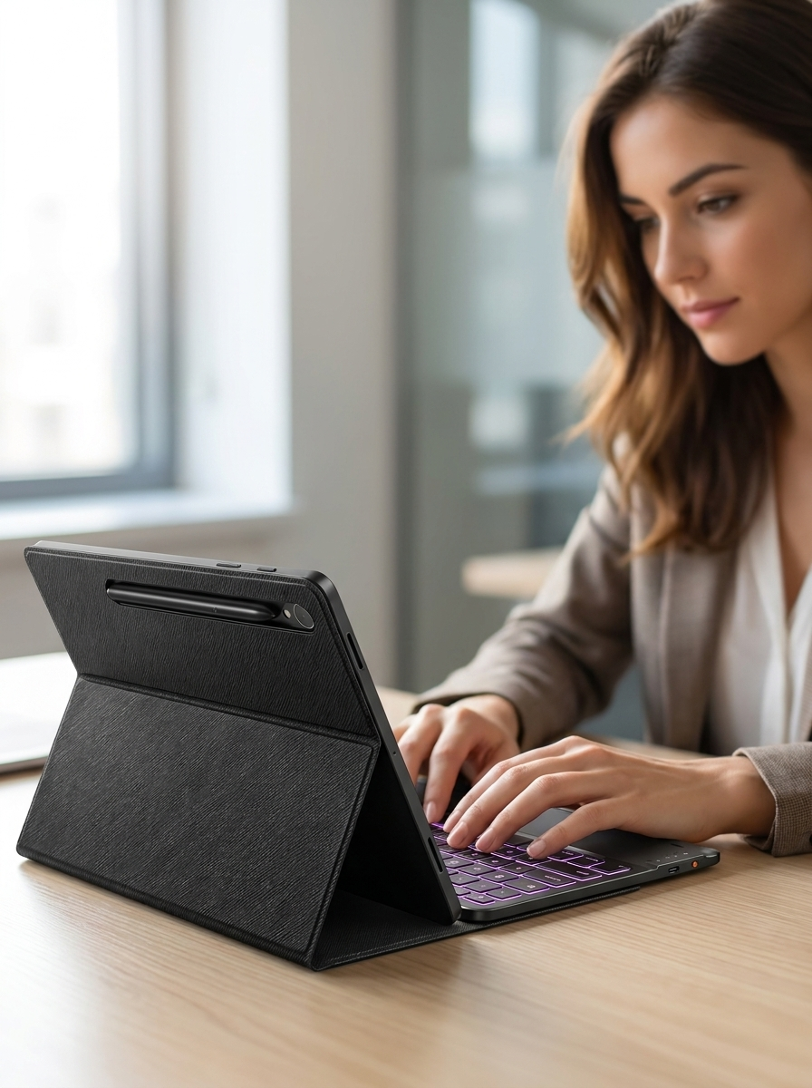 Magnetic Bluetooth keyboard folio turning a Galaxy tablet into a laptop