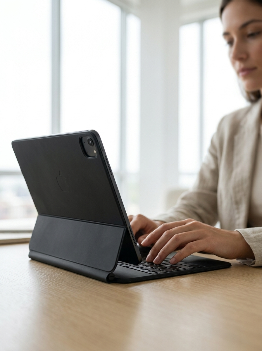 Slim magnetic floating keyboard case turning an iPad into a compact laptop