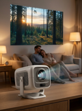 Short-throw home projector filling a big screen from close to the wall