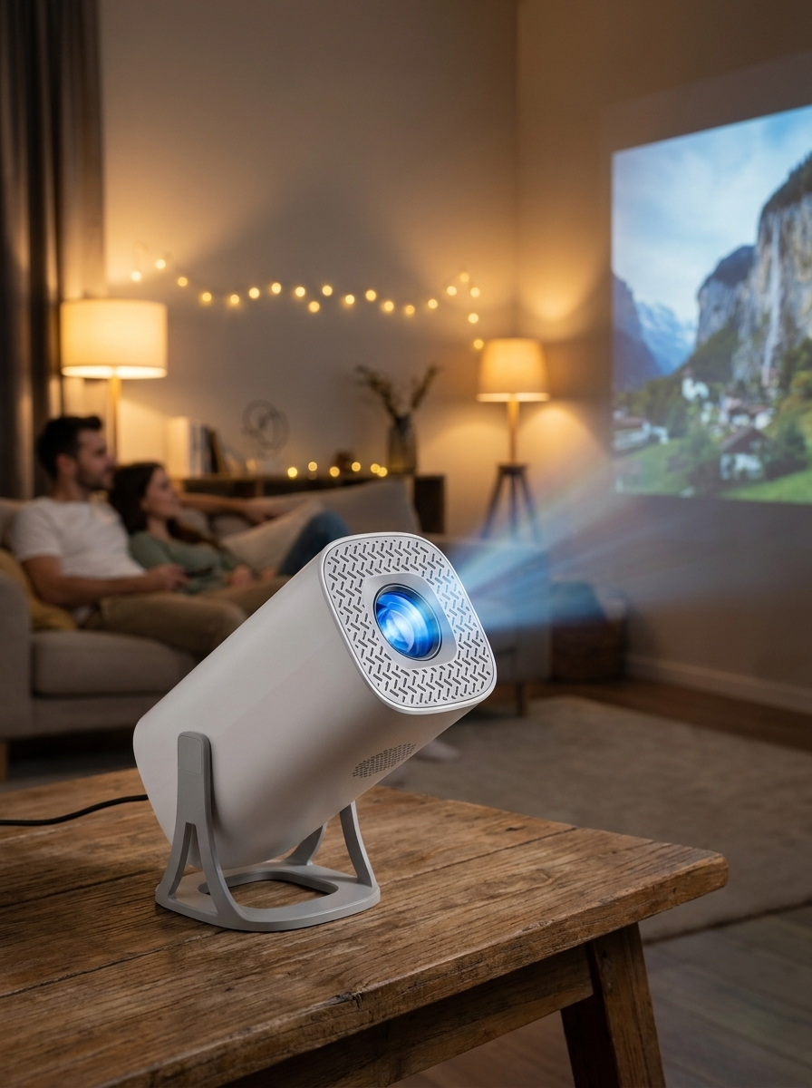 Portable LED projector casting a home cinema image up to 150 inches