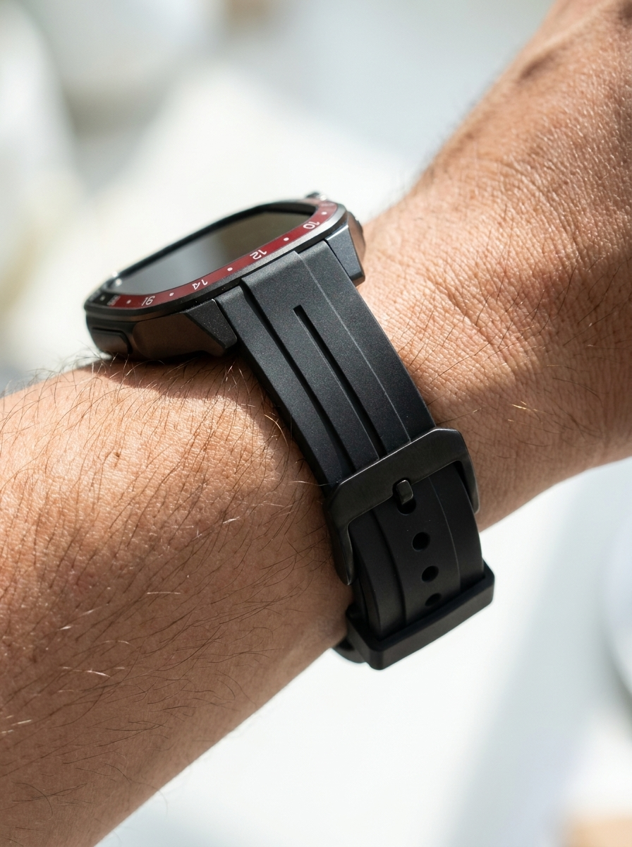 Apple Watch case with zinc-alloy scale-marked bezel protecting the watch edges