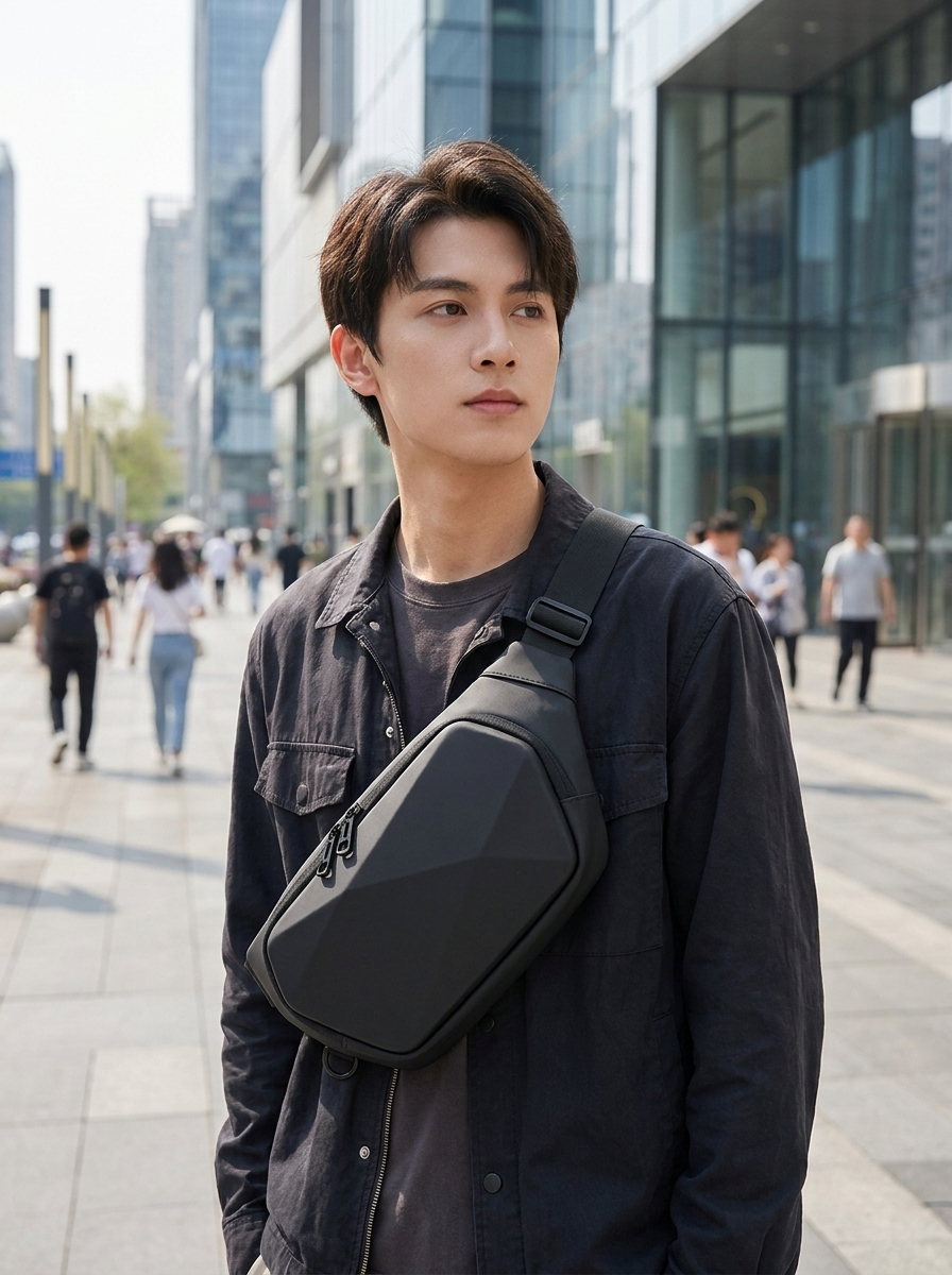 Hard-shell crossbody chest bag with structured wear-resistant Oxford construction