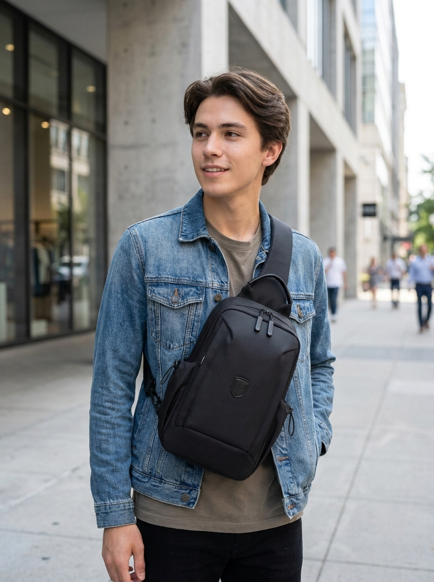 Slim crossbody sling bag in durable water-resistant nylon for everyday carry