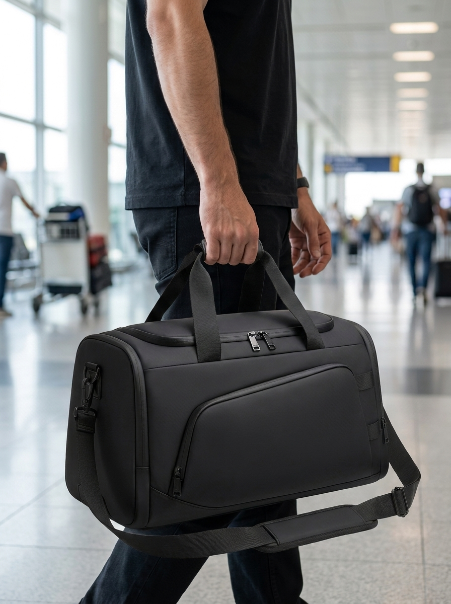 Lightweight travel and gym holdall in waterproof film-coated fabric