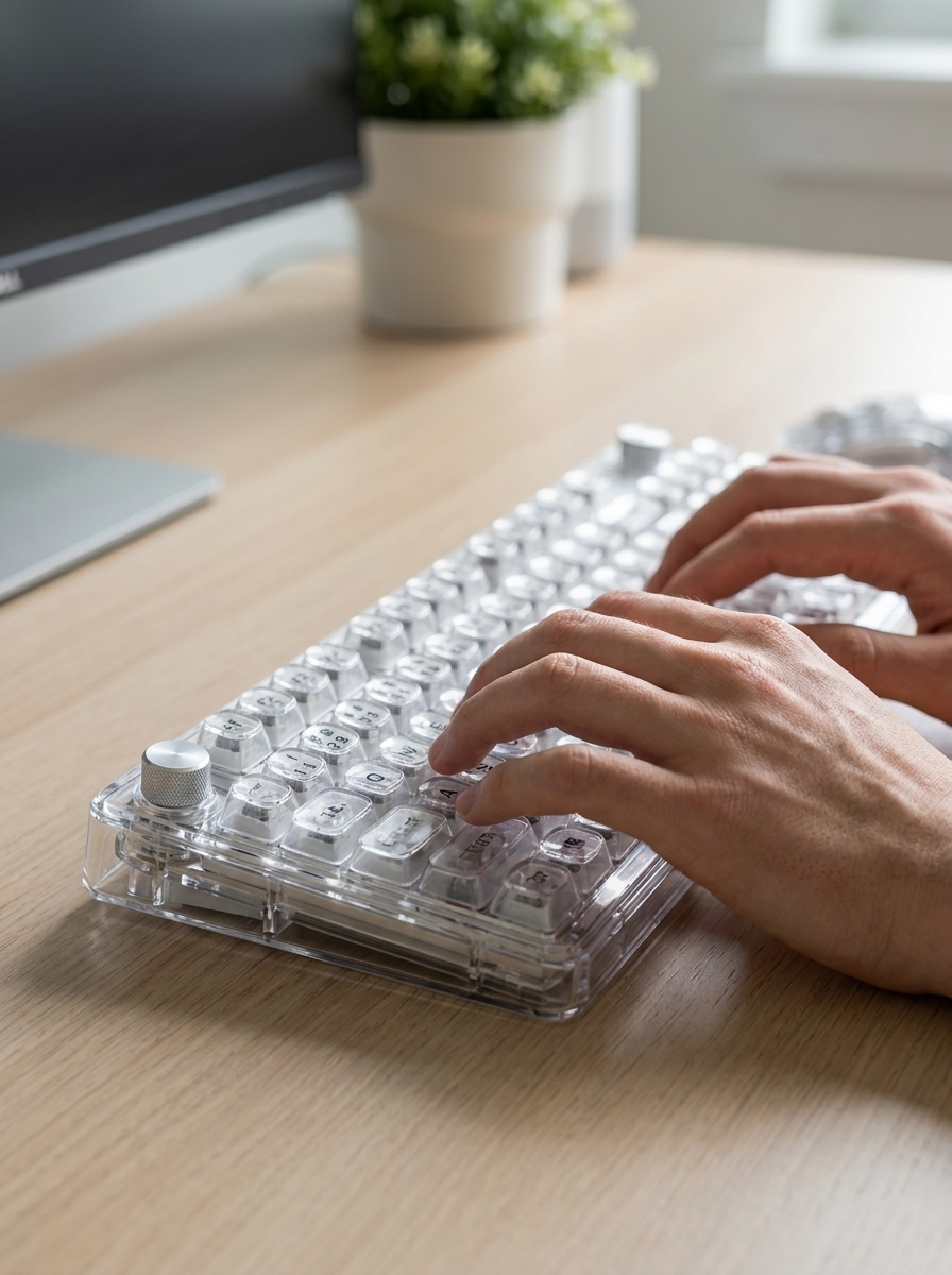 Transparent ice-cube wireless keyboard with clear crystal-style keycaps