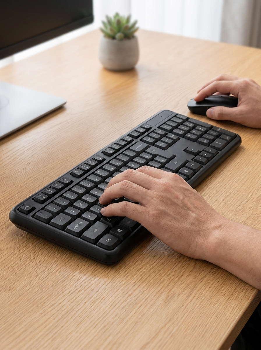 Slim full-size wireless keyboard with quiet, low-profile keys