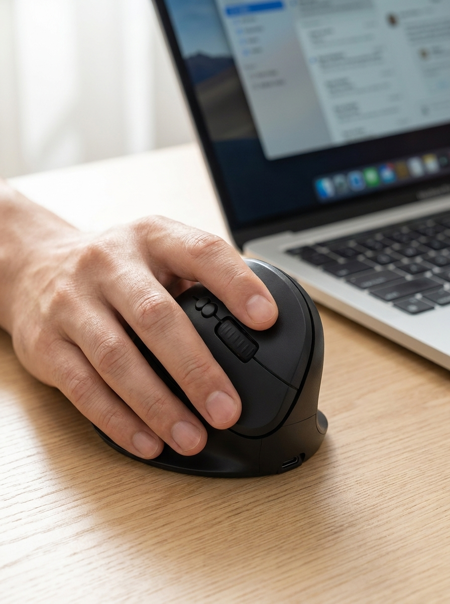 Vertical wireless mouse holding the wrist in a natural handshake position