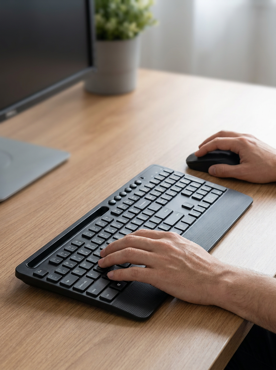 Wireless keyboard and mouse set with built-in phone and tablet holder
