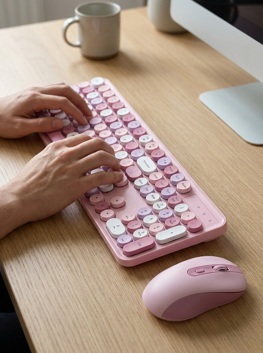 Retro Wireless Keyboard & Mouse Set - 2.4G, Silent Keys, Ergonomic Mouse