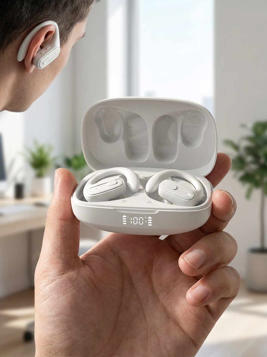 Open-ear sport earphones with flexible hooks that sit securely over the ear